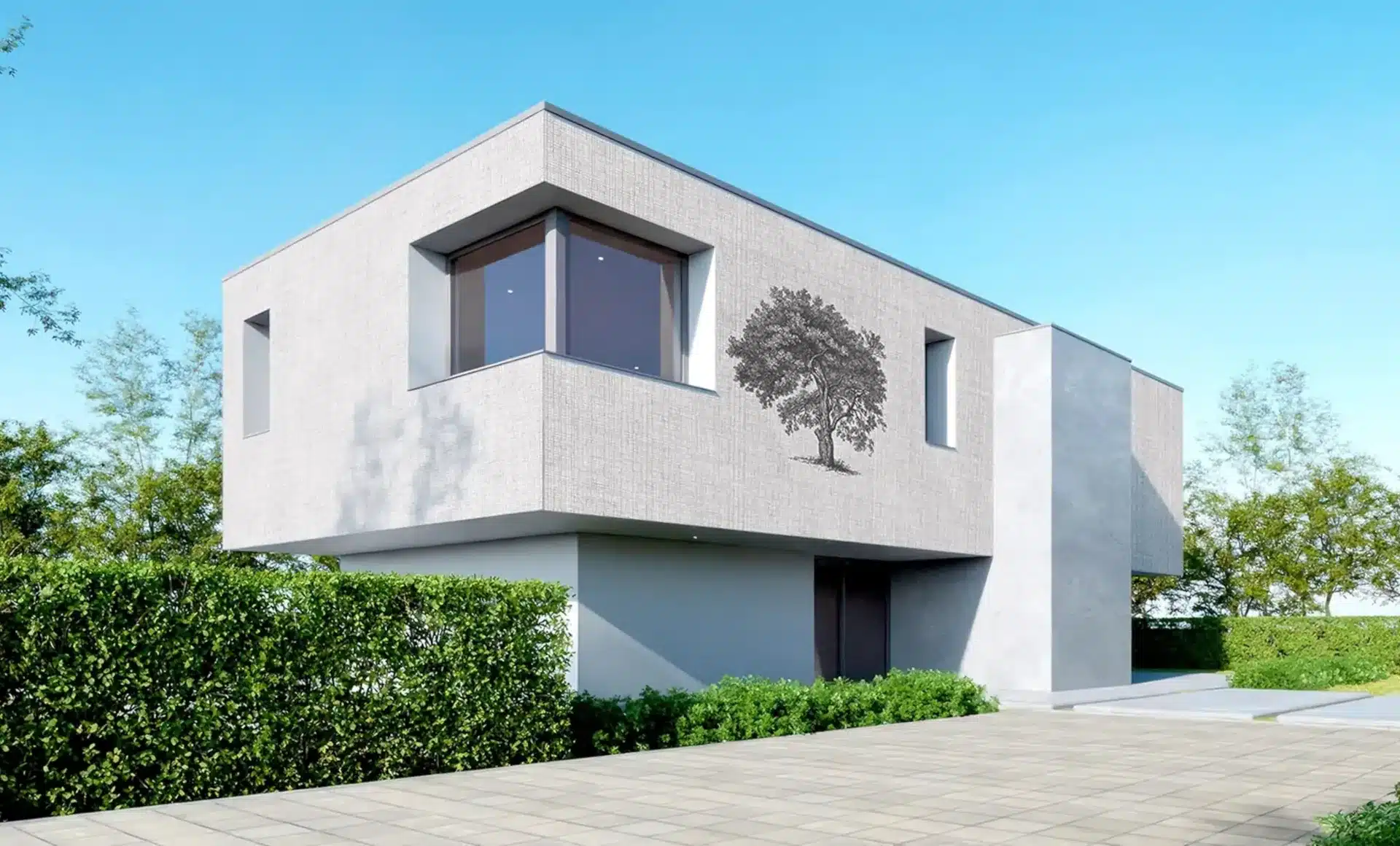 Gestaltungsbeispiel einer modernen Fassade mit einem Baum als Tapetenmotiv