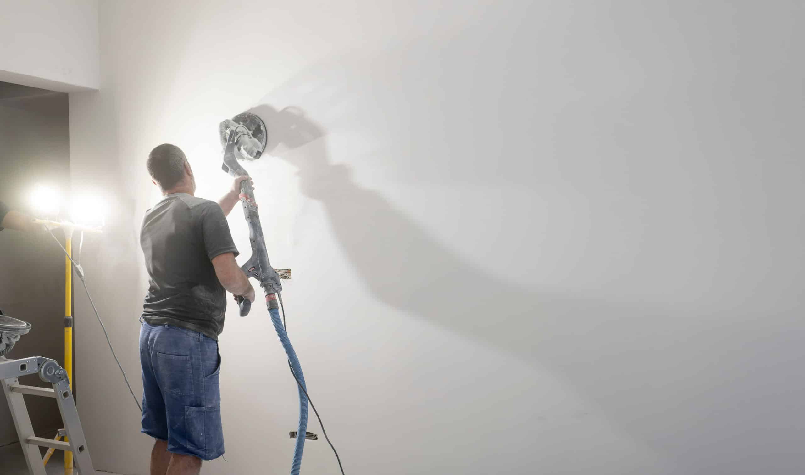 Handwerker schleift eine Innenwand mit einem Langhalsschleifer bei seitlichem Arbeitslicht.