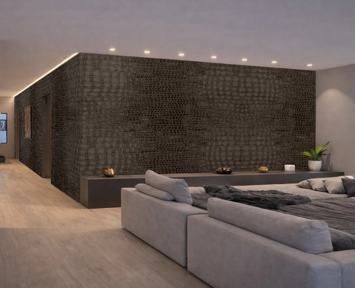 Visualisierung eines Wohnbereichs mit dunkler Struktur-Tapete hinter einem grauen Sofa
